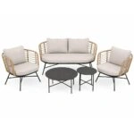 Artekko Rattan Διθέσιος Καναπές (155x75x73)cm 2x Πολυθρόνες (80x75x73)cm 2x Τραπεζάκια (70x70x35) (50x50x45)cm Μεταλλικός Γκρι Σκελετός με Παστικ. Ρατάν σε Φυσική Απόχρωση και Μπεζ Γκρι Μαξιλάρια Σετ/4