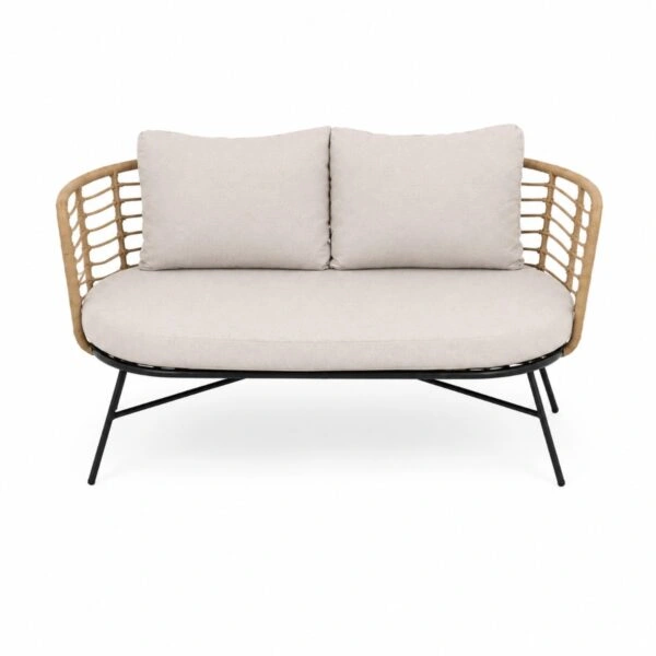 Artekko Rattan Διθέσιος Καναπές (155x75x73)cm 2x Πολυθρόνες (80x75x73)cm 2x Τραπεζάκια (70x70x35) (50x50x45)cm Μεταλλικός Γκρι Σκελετός με Παστικ. Ρατάν σε Φυσική Απόχρωση και Μπεζ Γκρι Μαξιλάρια Σετ/4