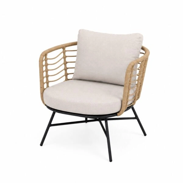 Artekko Rattan Διθέσιος Καναπές (155x75x73)cm 2x Πολυθρόνες (80x75x73)cm 2x Τραπεζάκια (70x70x35) (50x50x45)cm Μεταλλικός Γκρι Σκελετός με Παστικ. Ρατάν σε Φυσική Απόχρωση και Μπεζ Γκρι Μαξιλάρια Σετ/4