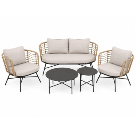 Artekko Rattan Διθέσιος Καναπές (155x75x73)cm 2x Πολυθρόνες (80x75x73)cm 2x Τραπεζάκια (70x70x35) (50x50x45)cm Μεταλλικός Γκρι Σκελετός με Παστικ. Ρατάν σε Φυσική Απόχρωση και Μπεζ Γκρι Μαξιλάρια Σετ/4