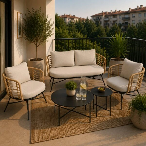 Artekko Rattan Διθέσιος Καναπές (155x75x73)cm 2x Πολυθρόνες (80x75x73)cm 2x Τραπεζάκια (70x70x35) (50x50x45)cm Μεταλλικός Γκρι Σκελετός με Παστικ. Ρατάν σε Φυσική Απόχρωση και Μπεζ Γκρι Μαξιλάρια Σετ/4