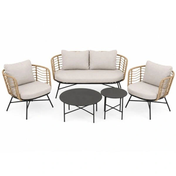 Artekko Rattan Διθέσιος Καναπές (155x75x73)cm 2x Πολυθρόνες (80x75x73)cm 2x Τραπεζάκια (70x70x35) (50x50x45)cm Μεταλλικός Γκρι Σκελετός με Παστικ. Ρατάν σε Φυσική Απόχρωση και Μπεζ Γκρι Μαξιλάρια Σετ/4
