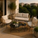 Artekko Rattan Διθέσιος Καναπές (155x75x73)cm 2x Πολυθρόνες (80x75x73)cm 2x Τραπεζάκια (70x70x35) (50x50x45)cm Μεταλλικός Γκρι Σκελετός με Παστικ. Ρατάν σε Φυσική Απόχρωση και Μπεζ Γκρι Μαξιλάρια Σετ/4