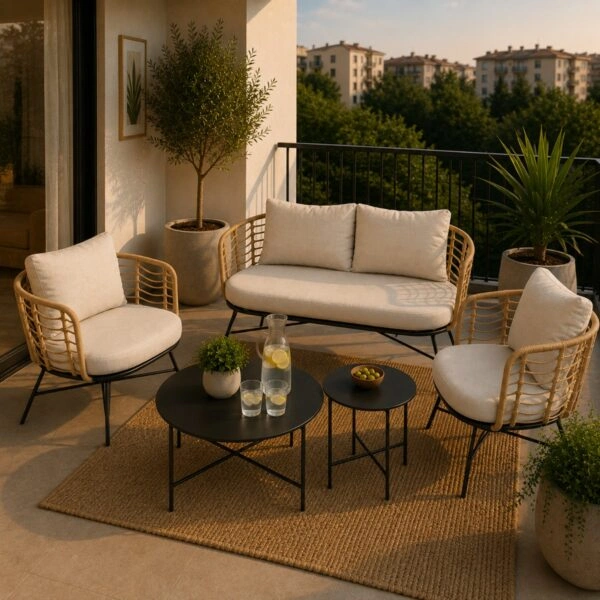 Artekko Rattan Διθέσιος Καναπές (155x75x73)cm 2x Πολυθρόνες (80x75x73)cm 2x Τραπεζάκια (70x70x35) (50x50x45)cm Μεταλλικός Γκρι Σκελετός με Παστικ. Ρατάν σε Φυσική Απόχρωση και Μπεζ Γκρι Μαξιλάρια Σετ/4