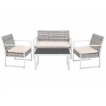 Artekko Rattan Διθέσιος Καναπές (115x60x80)cm 2x Πολυθρόνες (60x60x75)cm και Τραπέζι με Μαύρο Τζάμι (85x46x40)cm Γκρι Ανοιχτό Μεταλλικό Σκελετό με Ξύλο Πλαστικ Ρατάν και Μπεζ Μαξιλάρια Σετ/4