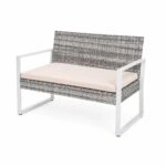 Artekko Rattan Διθέσιος Καναπές (115x60x80)cm 2x Πολυθρόνες (60x60x75)cm και Τραπέζι με Μαύρο Τζάμι (85x46x40)cm Γκρι Ανοιχτό Μεταλλικό Σκελετό με Ξύλο Πλαστικ Ρατάν και Μπεζ Μαξιλάρια Σετ/4