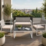 Artekko Rattan Διθέσιος Καναπές (115x60x80)cm 2x Πολυθρόνες (60x60x75)cm και Τραπέζι με Μαύρο Τζάμι (85x46x40)cm Γκρι Ανοιχτό Μεταλλικό Σκελετό με Ξύλο Πλαστικ Ρατάν και Μπεζ Μαξιλάρια Σετ/4
