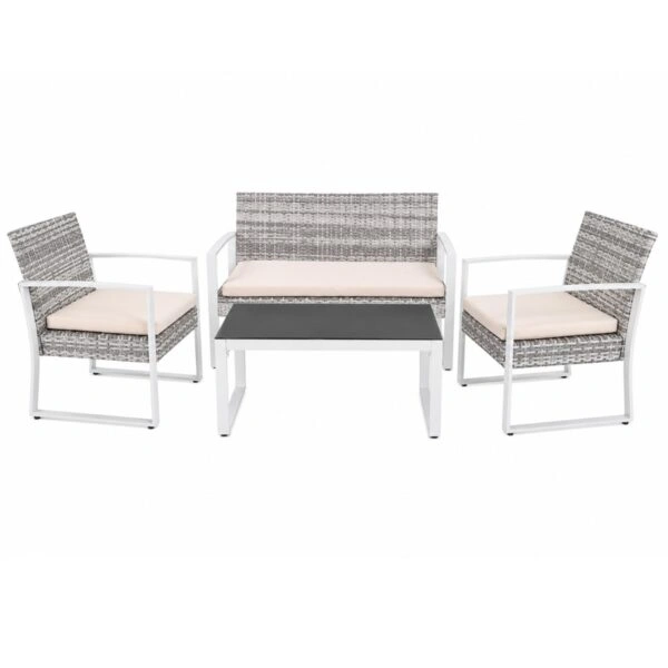 Artekko Rattan Διθέσιος Καναπές (115x60x80)cm 2x Πολυθρόνες (60x60x75)cm και Τραπέζι με Μαύρο Τζάμι (85x46x40)cm Γκρι Ανοιχτό Μεταλλικό Σκελετό με Ξύλο Πλαστικ Ρατάν και Μπεζ Μαξιλάρια Σετ/4