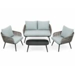 Artekko Rattan Διθέσιος Καναπές (120x70x75)cm 2x Πολυθρόνες (60x75x75)cm Τραπέζι με Τζάμι (110x55x40)cm με Πλαστικ Κορδόνι Μεταλλικό Σκελετό Γκρι και Γαλάζιο Μαξιλάρι Σετ/4