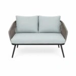Artekko Rattan Διθέσιος Καναπές (120x70x75)cm 2x Πολυθρόνες (60x75x75)cm Τραπέζι με Τζάμι (110x55x40)cm με Πλαστικ Κορδόνι Μεταλλικό Σκελετό Γκρι και Γαλάζιο Μαξιλάρι Σετ/4