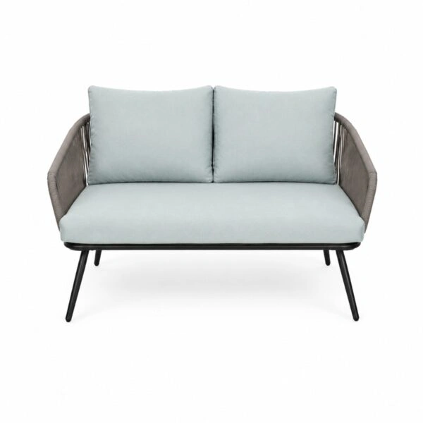 Artekko Rattan Διθέσιος Καναπές (120x70x75)cm 2x Πολυθρόνες (60x75x75)cm Τραπέζι με Τζάμι (110x55x40)cm με Πλαστικ Κορδόνι Μεταλλικό Σκελετό Γκρι και Γαλάζιο Μαξιλάρι Σετ/4