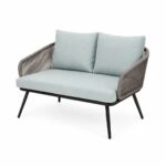 Artekko Rattan Διθέσιος Καναπές (120x70x75)cm 2x Πολυθρόνες (60x75x75)cm Τραπέζι με Τζάμι (110x55x40)cm με Πλαστικ Κορδόνι Μεταλλικό Σκελετό Γκρι και Γαλάζιο Μαξιλάρι Σετ/4