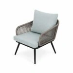 Artekko Rattan Διθέσιος Καναπές (120x70x75)cm 2x Πολυθρόνες (60x75x75)cm Τραπέζι με Τζάμι (110x55x40)cm με Πλαστικ Κορδόνι Μεταλλικό Σκελετό Γκρι και Γαλάζιο Μαξιλάρι Σετ/4
