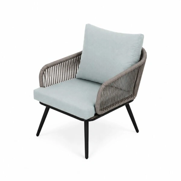 Artekko Rattan Διθέσιος Καναπές (120x70x75)cm 2x Πολυθρόνες (60x75x75)cm Τραπέζι με Τζάμι (110x55x40)cm με Πλαστικ Κορδόνι Μεταλλικό Σκελετό Γκρι και Γαλάζιο Μαξιλάρι Σετ/4