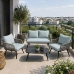 Artekko Rattan Διθέσιος Καναπές (120x70x75)cm 2x Πολυθρόνες (60x75x75)cm Τραπέζι με Τζάμι (110x55x40)cm με Πλαστικ Κορδόνι Μεταλλικό Σκελετό Γκρι και Γαλάζιο Μαξιλάρι Σετ/4