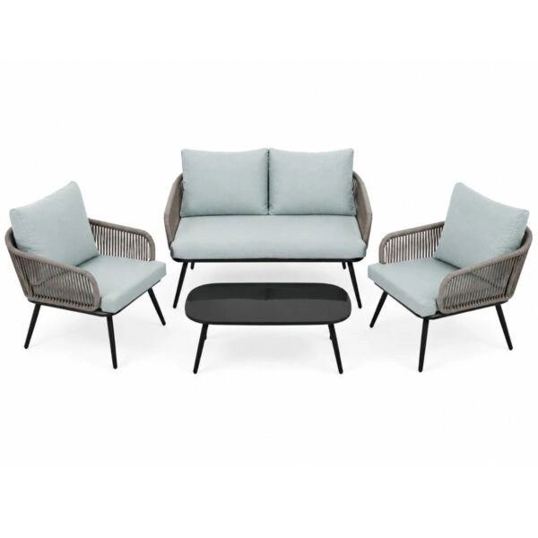 Artekko Rattan Διθέσιος Καναπές (120x70x75)cm 2x Πολυθρόνες (60x75x75)cm Τραπέζι με Τζάμι (110x55x40)cm με Πλαστικ Κορδόνι Μεταλλικό Σκελετό Γκρι και Γαλάζιο Μαξιλάρι Σετ/4