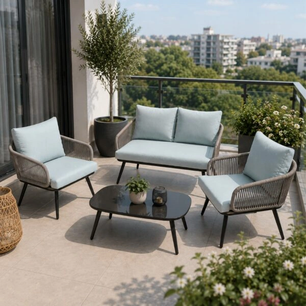 Artekko Rattan Διθέσιος Καναπές (120x70x75)cm 2x Πολυθρόνες (60x75x75)cm Τραπέζι με Τζάμι (110x55x40)cm με Πλαστικ Κορδόνι Μεταλλικό Σκελετό Γκρι και Γαλάζιο Μαξιλάρι Σετ/4