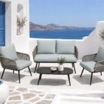 Artekko Rattan Διθέσιος Καναπές (120x70x75)cm 2x Πολυθρόνες (60x75x75)cm Τραπέζι με Τζάμι (110x55x40)cm με Πλαστικ Κορδόνι Μεταλλικό Σκελετό Γκρι και Γαλάζιο Μαξιλάρι Σετ/4