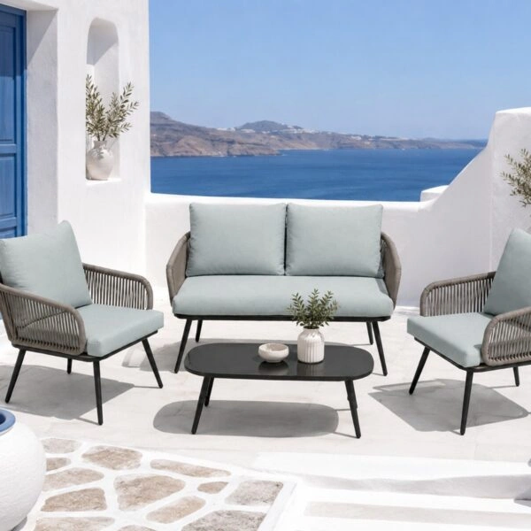 Artekko Rattan Διθέσιος Καναπές (120x70x75)cm 2x Πολυθρόνες (60x75x75)cm Τραπέζι με Τζάμι (110x55x40)cm με Πλαστικ Κορδόνι Μεταλλικό Σκελετό Γκρι και Γαλάζιο Μαξιλάρι Σετ/4