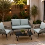 Artekko Rattan Διθέσιος Καναπές (120x70x75)cm 2x Πολυθρόνες (60x75x75)cm Τραπέζι με Τζάμι (110x55x40)cm με Πλαστικ Κορδόνι Μεταλλικό Σκελετό Γκρι και Γαλάζιο Μαξιλάρι Σετ/4