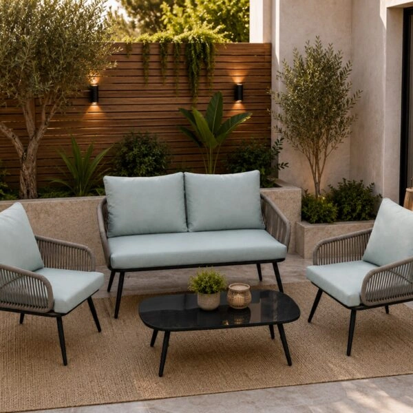 Artekko Rattan Διθέσιος Καναπές (120x70x75)cm 2x Πολυθρόνες (60x75x75)cm Τραπέζι με Τζάμι (110x55x40)cm με Πλαστικ Κορδόνι Μεταλλικό Σκελετό Γκρι και Γαλάζιο Μαξιλάρι Σετ/4
