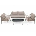 Artekko Rattan Καναπές (160x75x72)cm 2x Πολυθρόνες (76x75x72)cm Τραπέζι με Τζάμι (110x55x42)cm με Πλαστικ Κορδόνι Μεταλλικό Σκελετό Γκρι και Γκρι Μαξιλάρι Σετ/4