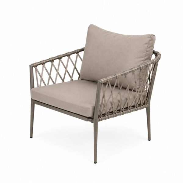 Artekko Rattan Καναπές (160x75x72)cm 2x Πολυθρόνες (76x75x72)cm Τραπέζι με Τζάμι (110x55x42)cm με Πλαστικ Κορδόνι Μεταλλικό Σκελετό Γκρι και Γκρι Μαξιλάρι Σετ/4