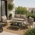Artekko Rattan Καναπές (160x75x72)cm 2x Πολυθρόνες (76x75x72)cm Τραπέζι με Τζάμι (110x55x42)cm με Πλαστικ Κορδόνι Μεταλλικό Σκελετό Γκρι και Γκρι Μαξιλάρι Σετ/4
