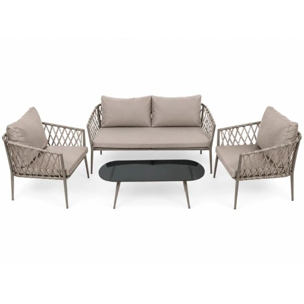 Artekko Rattan Καναπές (160x75x72)cm 2x Πολυθρόνες (76x75x72)cm Τραπέζι με Τζάμι (110x55x42)cm με Πλαστικ Κορδόνι Μεταλλικό Σκελετό Γκρι και Γκρι Μαξιλάρι Σετ/4