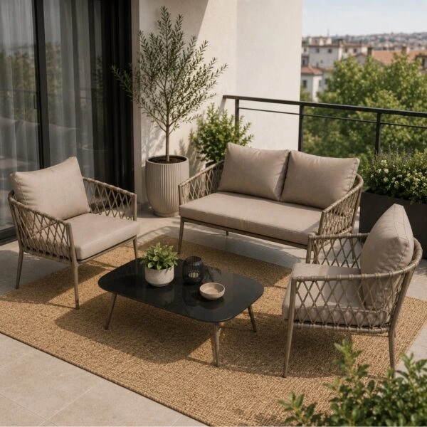 Artekko Rattan Καναπές (160x75x72)cm 2x Πολυθρόνες (76x75x72)cm Τραπέζι με Τζάμι (110x55x42)cm με Πλαστικ Κορδόνι Μεταλλικό Σκελετό Γκρι και Γκρι Μαξιλάρι Σετ/4