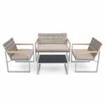 Artekko Rattan Διθέσιος Καναπές (105x65x75)cm 2x Πολυθρόνες (58x60x75)cm Τραπέζι με Τζάμι (84x45x38)cm με Πλαστικ Ρατάν Μεταλλικό Σκελετό και Ξύλο Γκρι Καφέ και Καφέ Μαξιλάρι Σετ/4