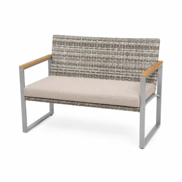 Artekko Rattan Διθέσιος Καναπές (105x65x75)cm 2x Πολυθρόνες (58x60x75)cm Τραπέζι με Τζάμι (84x45x38)cm με Πλαστικ Ρατάν Μεταλλικό Σκελετό και Ξύλο Γκρι Καφέ και Καφέ Μαξιλάρι Σετ/4