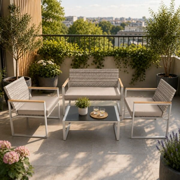 Artekko Rattan Διθέσιος Καναπές (105x65x75)cm 2x Πολυθρόνες (58x60x75)cm Τραπέζι με Τζάμι (84x45x38)cm με Πλαστικ Ρατάν Μεταλλικό Σκελετό και Ξύλο Γκρι Καφέ και Καφέ Μαξιλάρι Σετ/4