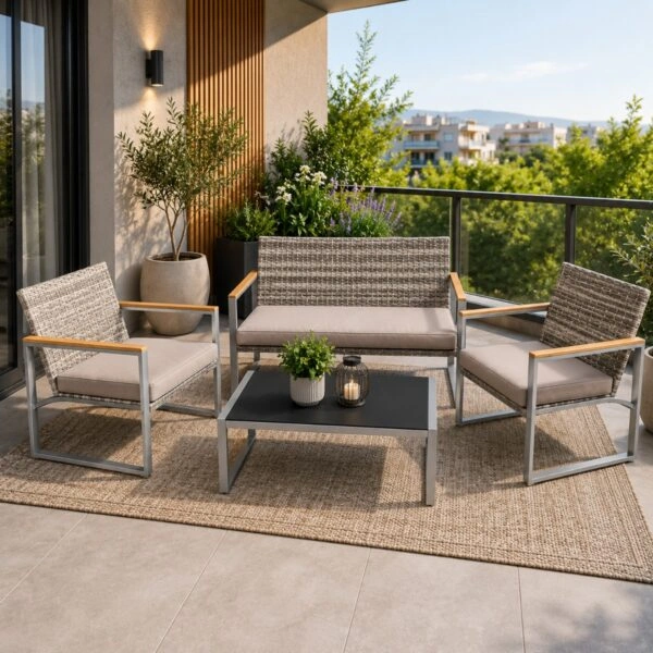 Artekko Rattan Διθέσιος Καναπές (105x65x75)cm 2x Πολυθρόνες (58x60x75)cm Τραπέζι με Τζάμι (84x45x38)cm με Πλαστικ Ρατάν Μεταλλικό Σκελετό και Ξύλο Γκρι Καφέ και Καφέ Μαξιλάρι Σετ/4