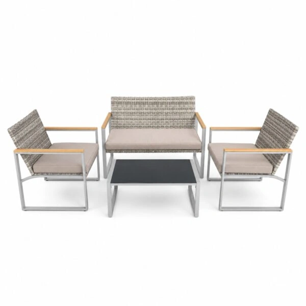 Artekko Rattan Διθέσιος Καναπές (105x65x75)cm 2x Πολυθρόνες (58x60x75)cm Τραπέζι με Τζάμι (84x45x38)cm με Πλαστικ Ρατάν Μεταλλικό Σκελετό και Ξύλο Γκρι Καφέ και Καφέ Μαξιλάρι Σετ/4