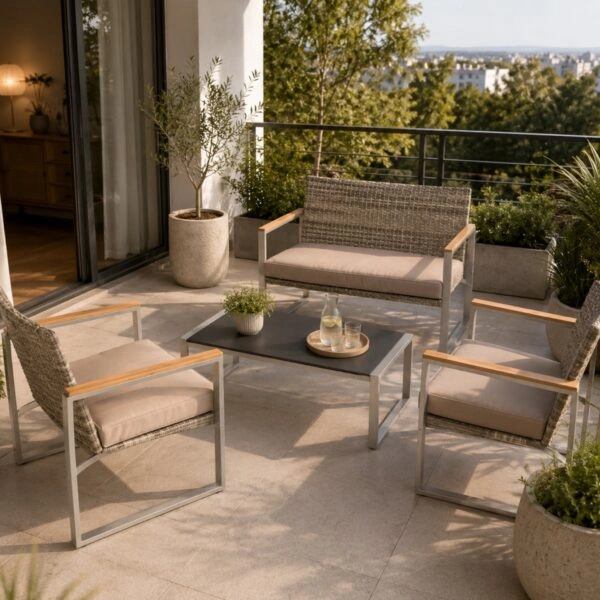 Artekko Rattan Διθέσιος Καναπές (105x65x75)cm 2x Πολυθρόνες (58x60x75)cm Τραπέζι με Τζάμι (84x45x38)cm με Πλαστικ Ρατάν Μεταλλικό Σκελετό και Ξύλο Γκρι Καφέ και Καφέ Μαξιλάρι Σετ/4