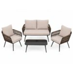 Artekko Rattan Καναπές (140x75x75)cm 2x Πολυθρόνες (66x75x75)cm Τραπέζι με Τζάμι (91x51x40)cm με Πλαστικ Κορδόνι Μεταλλικό Μαύρο Σκελετό και Μπεζ Μαξιλάρι Σετ/4