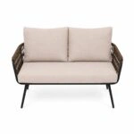 Artekko Rattan Καναπές (140x75x75)cm 2x Πολυθρόνες (66x75x75)cm Τραπέζι με Τζάμι (91x51x40)cm με Πλαστικ Κορδόνι Μεταλλικό Μαύρο Σκελετό και Μπεζ Μαξιλάρι Σετ/4