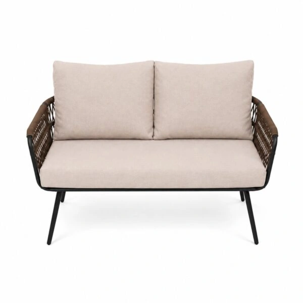 Artekko Rattan Καναπές (140x75x75)cm 2x Πολυθρόνες (66x75x75)cm Τραπέζι με Τζάμι (91x51x40)cm με Πλαστικ Κορδόνι Μεταλλικό Μαύρο Σκελετό και Μπεζ Μαξιλάρι Σετ/4