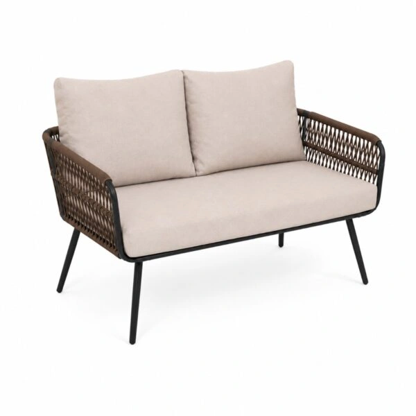 Artekko Rattan Καναπές (140x75x75)cm 2x Πολυθρόνες (66x75x75)cm Τραπέζι με Τζάμι (91x51x40)cm με Πλαστικ Κορδόνι Μεταλλικό Μαύρο Σκελετό και Μπεζ Μαξιλάρι Σετ/4