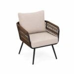 Artekko Rattan Καναπές (140x75x75)cm 2x Πολυθρόνες (66x75x75)cm Τραπέζι με Τζάμι (91x51x40)cm με Πλαστικ Κορδόνι Μεταλλικό Μαύρο Σκελετό και Μπεζ Μαξιλάρι Σετ/4