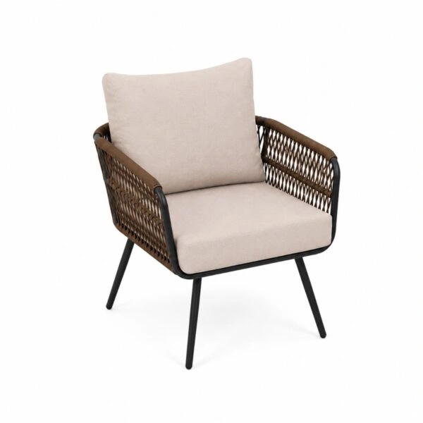 Artekko Rattan Καναπές (140x75x75)cm 2x Πολυθρόνες (66x75x75)cm Τραπέζι με Τζάμι (91x51x40)cm με Πλαστικ Κορδόνι Μεταλλικό Μαύρο Σκελετό και Μπεζ Μαξιλάρι Σετ/4