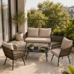 Artekko Rattan Καναπές (140x75x75)cm 2x Πολυθρόνες (66x75x75)cm Τραπέζι με Τζάμι (91x51x40)cm με Πλαστικ Κορδόνι Μεταλλικό Μαύρο Σκελετό και Μπεζ Μαξιλάρι Σετ/4