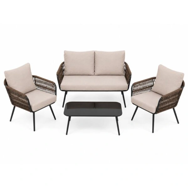 Artekko Rattan Καναπές (140x75x75)cm 2x Πολυθρόνες (66x75x75)cm Τραπέζι με Τζάμι (91x51x40)cm με Πλαστικ Κορδόνι Μεταλλικό Μαύρο Σκελετό και Μπεζ Μαξιλάρι Σετ/4