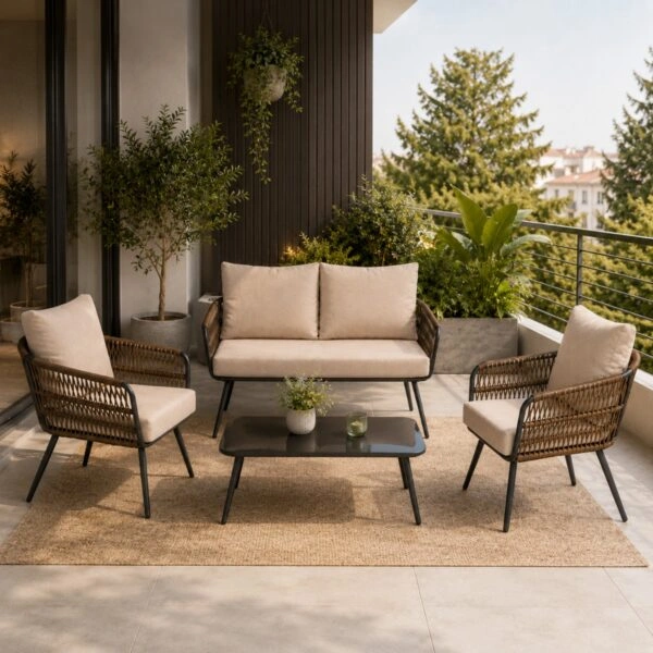 Artekko Rattan Καναπές (140x75x75)cm 2x Πολυθρόνες (66x75x75)cm Τραπέζι με Τζάμι (91x51x40)cm με Πλαστικ Κορδόνι Μεταλλικό Μαύρο Σκελετό και Μπεζ Μαξιλάρι Σετ/4