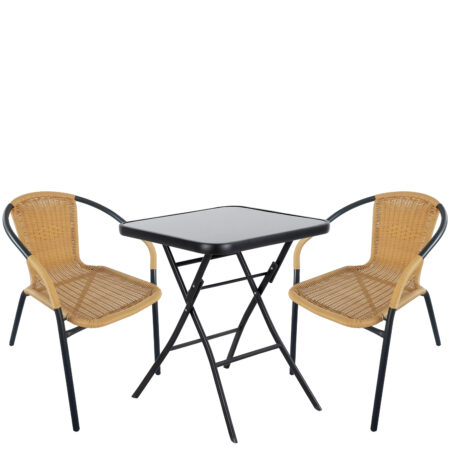 Σετ Τραπεζαρία Κήπου ArteLibre TAURUS Μαύρο/Μπεζ Rattan/Γυαλί/Μέταλλο Με 2 Πολυθρόνες 14990488