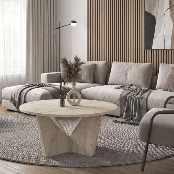 Τραπεζάκι σαλονιού Lagerta Megapap χρώμα travertine Ø75x35εκ.