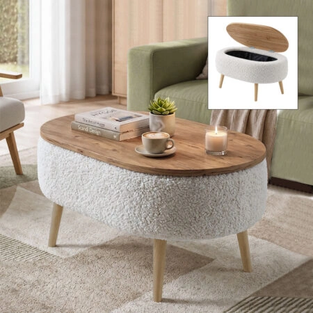 Τραπεζάκι σαλονιού Luno Megapap ύφασμα teddy χρώμα λευκό – pine oak 90x60x45εκ.