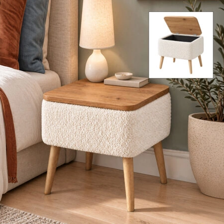 Κομοδίνο Nivo Megapap ύφασμα teddy χρώμα λευκό – pine oak 45x35x45εκ.