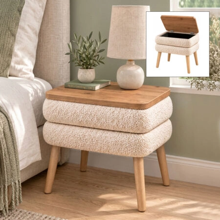 Κομοδίνο Nivo ύφασμα teddy χρώμα λευκό – pine oak 50x45x45εκ.